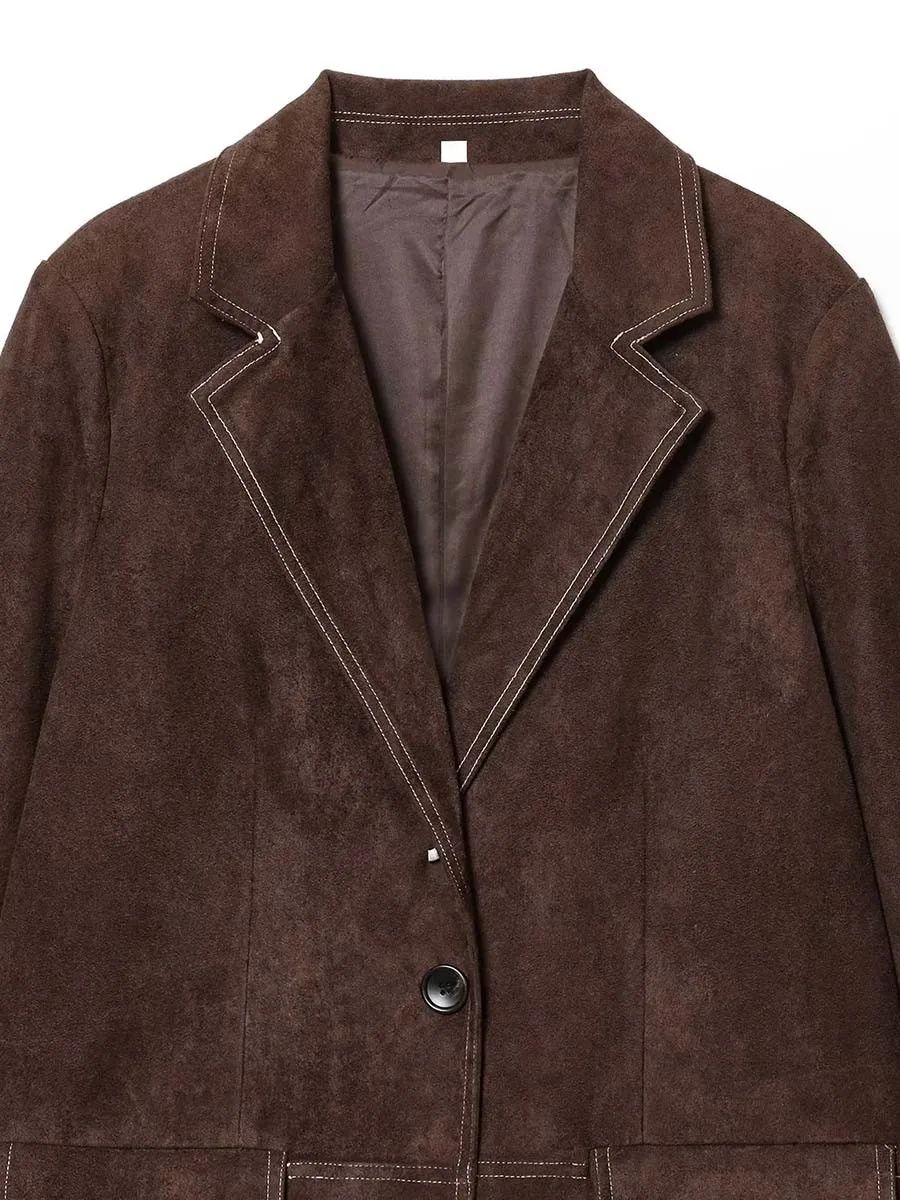 TWOTWINSTYLE Giacca in pelle scamosciata mallard retrò sottile per donna Colletto dentellato Manica lunga Cappotto con bottoni Pathwork Abbigliamento invernale femminile