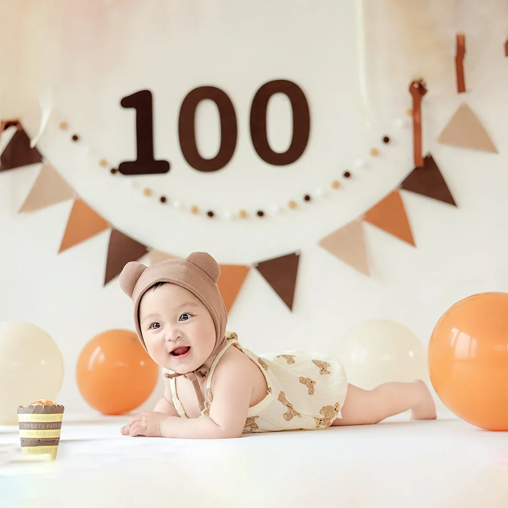 

100 days Newborn Boy Costume Baby Girl Photography Outfits Soft Cotton Jumpsuit Bodysuit Bear Ears Hat Studio Infant Photo Props