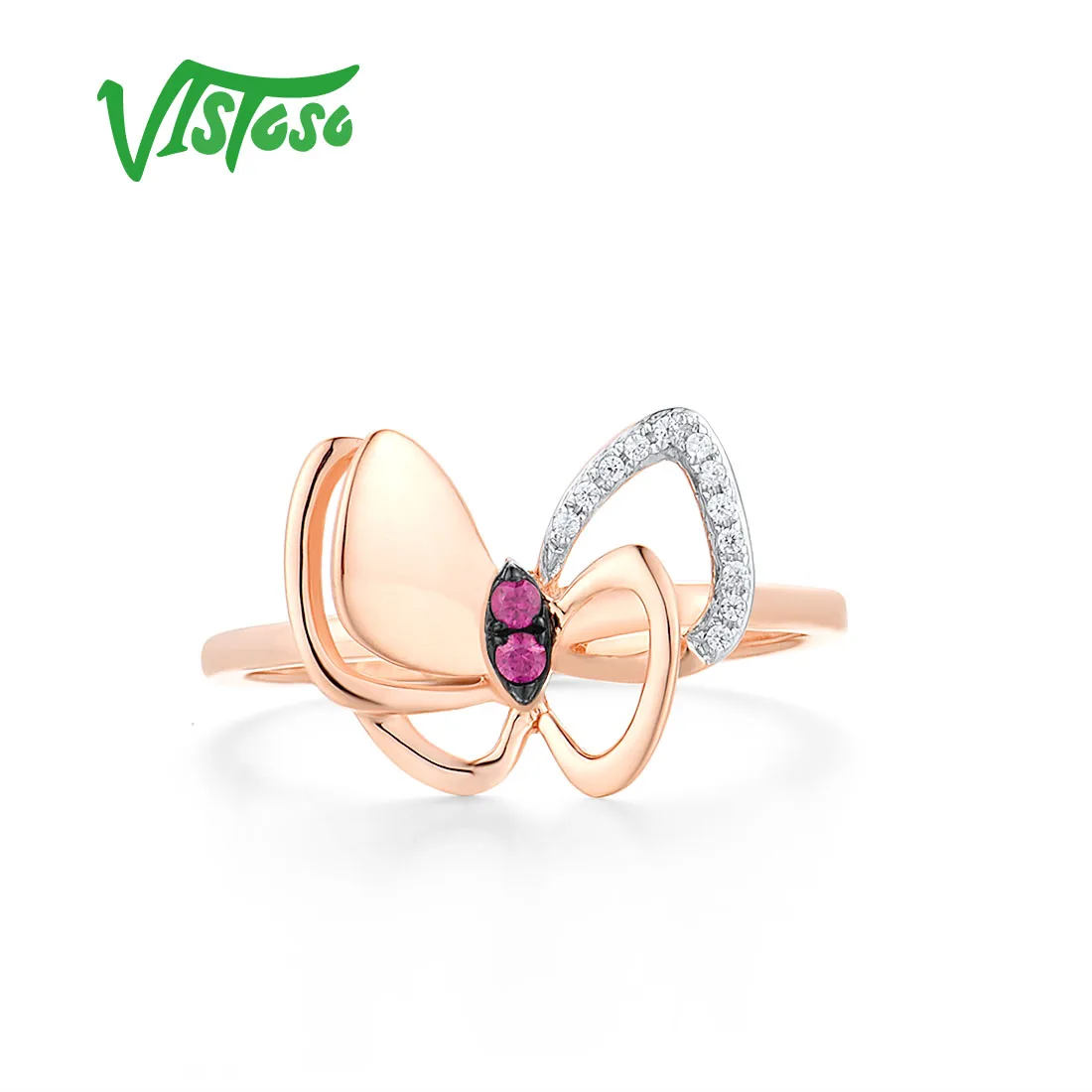 VISTOSO Real 14K 585 Yellow Gold Rings For Women Marquise Blue Sapphire Ruby Diamond Butterfly Anniversary Wedding Fine Jewelry