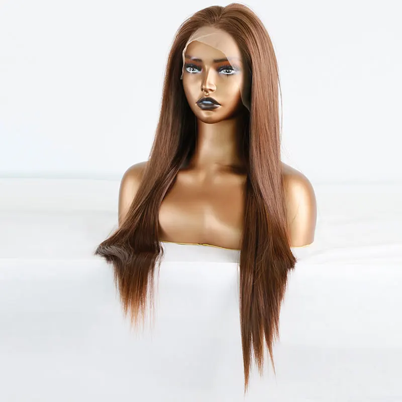 Auburn Brown Synthetic Hair Lace Front Wig Straight High Quality Heat Resistant Fiber Preplucked Natural Hairline For Women Wigs