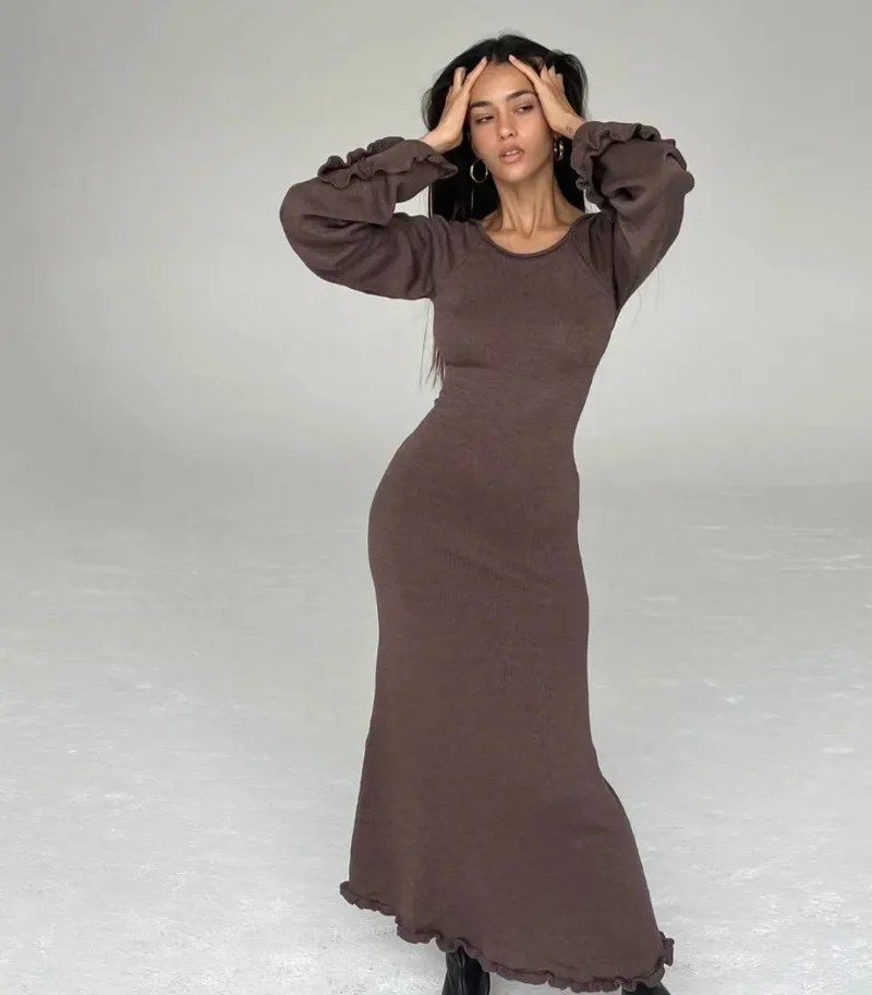 America Solid Trim Backless Knit Maxi Dresses Spring Autumn Long Sleeves Slim Waist Fit Vestidos Sexy Elegant Stylish Robe Y2k