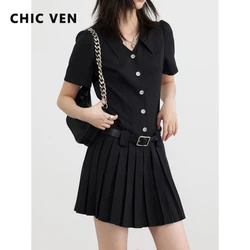 CHIC VEN Women Dresses Korean A Line Low Waist Pleated Dress Short Sleeve Shirt Dress Single Breasted Office Lady 2023 Summer