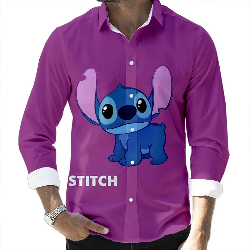 Nowa, jesienna 2022 Disney Stitch i kubuś puchatek marka Cartoon Casual 3D Print z długim rękawem koszula z klapą Slim Fit męska Top