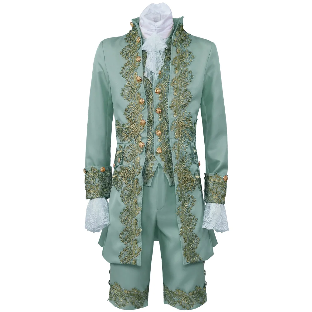 European Medieval King Prince Costume ROCOCO Style Embroidery Jacket Blazer Pants Jabot tie Set Deluxe Stage Cosplay Suit