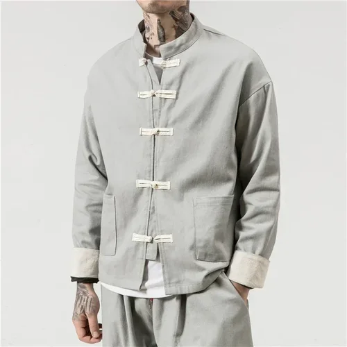 Imagen 2 del producto 2025 abrigo Retro tradicional chino para hombre, traje Tang de manga larga de otoño, chaqueta con hebilla y cuello mandarín, camisa de Kung Fu de algodón Oriental