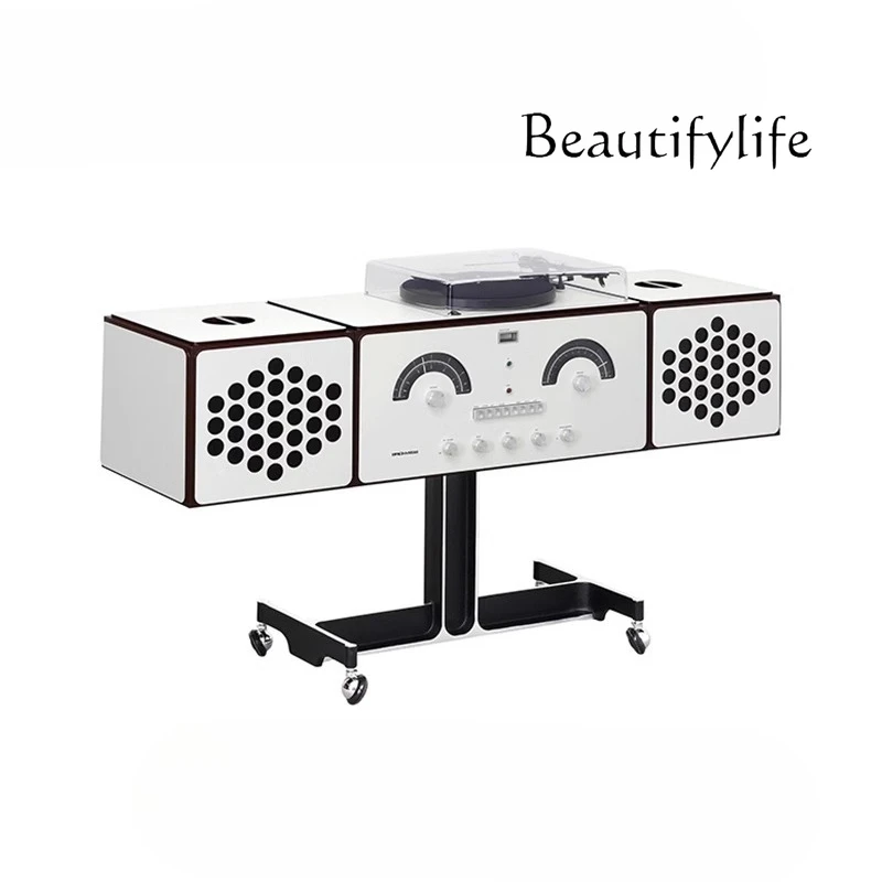 

Italian retro designer decorative vinyl record player smiley face audio locker side cabinet