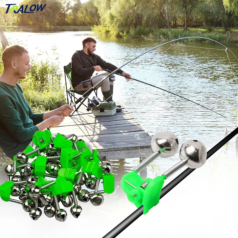 

TRALOW 50Pcs Fishing Bite With Dual Alarm Bell Dual Ring Alert Green Plastic Clip On Rod Tip Ice Night Fishing Accessory
