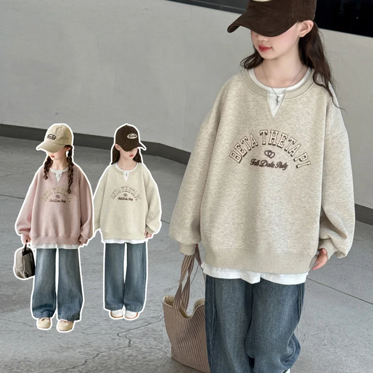 

Комплект из двух предметов для девочек, осенний школьный лоскутный свитшот с буквенным принтом для девочек, детский прямой джинсовый наряд для девочек от 4 до 14 лет, наряд для девочек