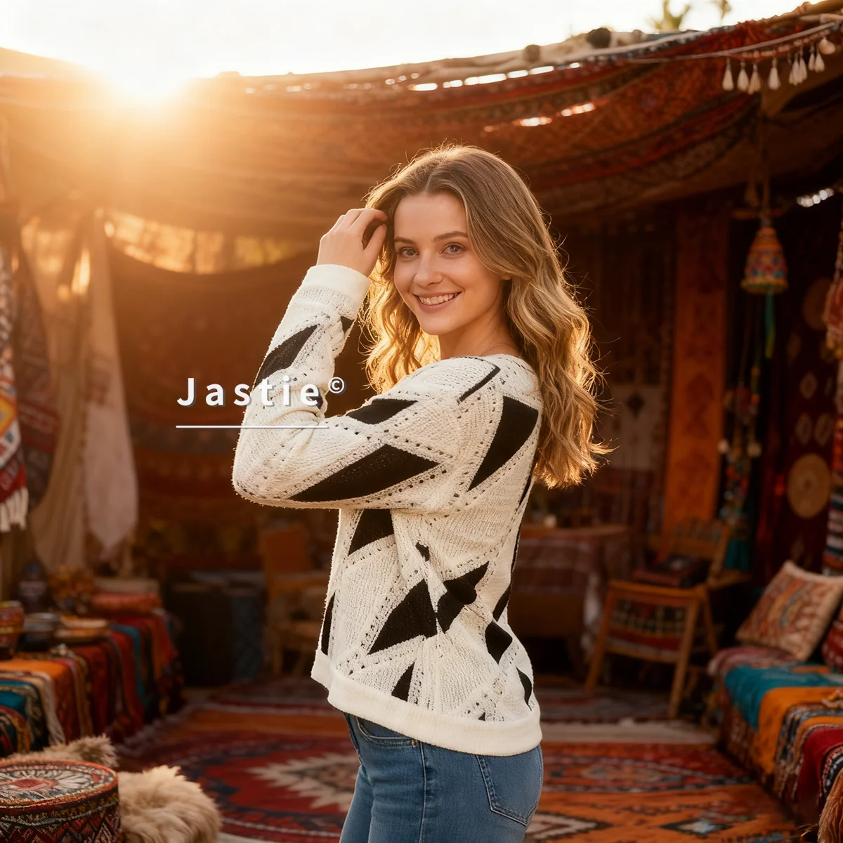 เสื้อสเวตเตอร์ถักลายเรขาคณิตสีดำขาว คอทรงโอ แขนยาว ทรงหลวม ลายลูกไม้ สไตล์โบฮีเมียน สำหรับผู้หญิง