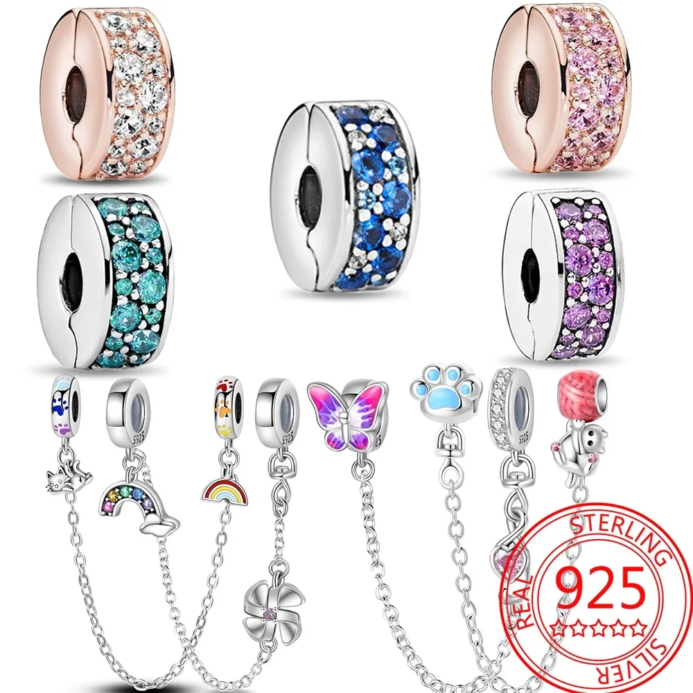 Sicherheits kette 925 Sterling Silber Schmetterling Regenbogen Charme Rose Anhänger Zirkon fit Pandora Armband Original Frauen Schmuck herstellung