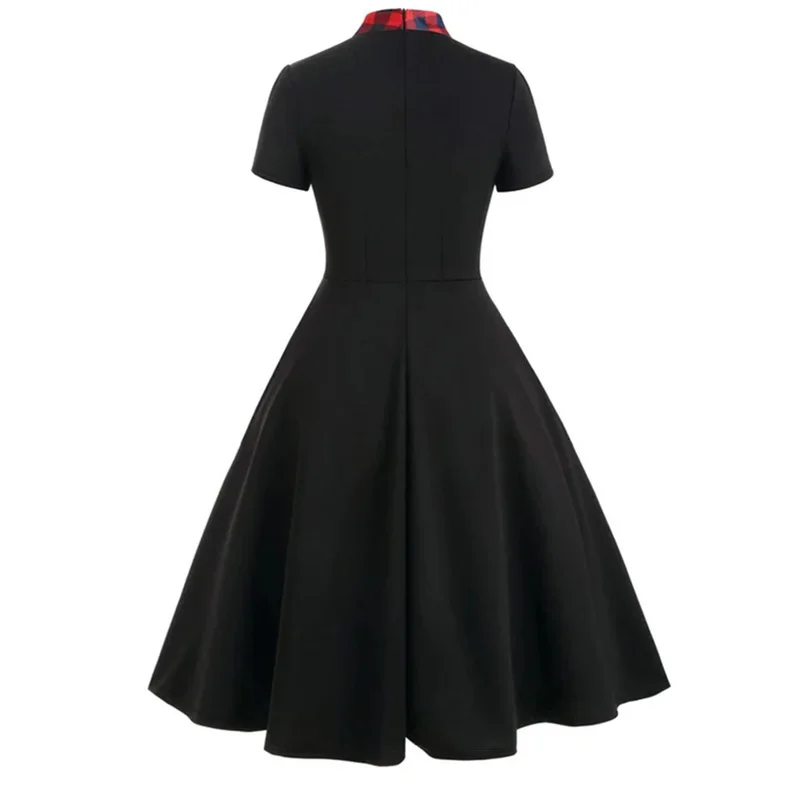 Plus Size Black Red Plaid Dress Women's Vintage Bow Tie Short Sleeve Retro Style Free Shipping