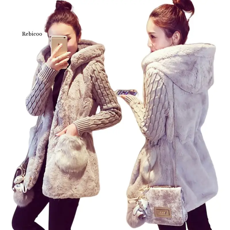 

Spring Autumn Jacket Women Hooded Coat Furry Faux Fur Knit Sweater Coat Big Pocketswomen Coats And Jacket Oversize Women Jacket