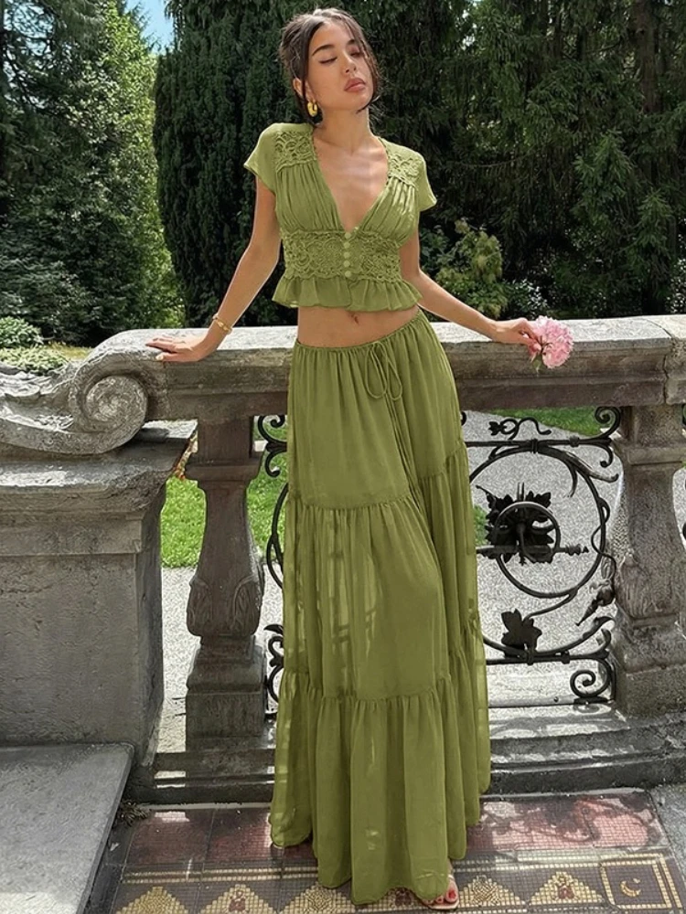 

FDYOUI Deep V-neck Lace Patchwork Cardigan Tops+Bandage Long Skirt Two Piece Set Women Sexy See-through Holiday Party Dress Suit