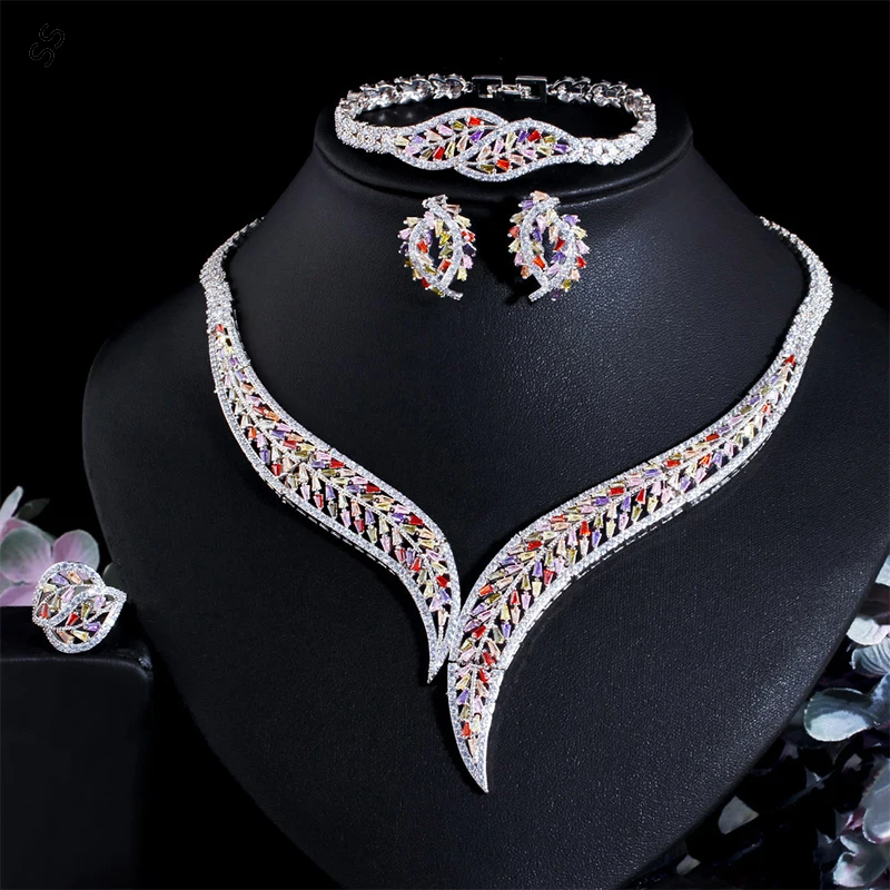 Dubai Middle East Bridal Jewelry 4 Piece Sets for Female Wedding Accessories Necklace Earring Bracelet Ring Silver Chain Charm