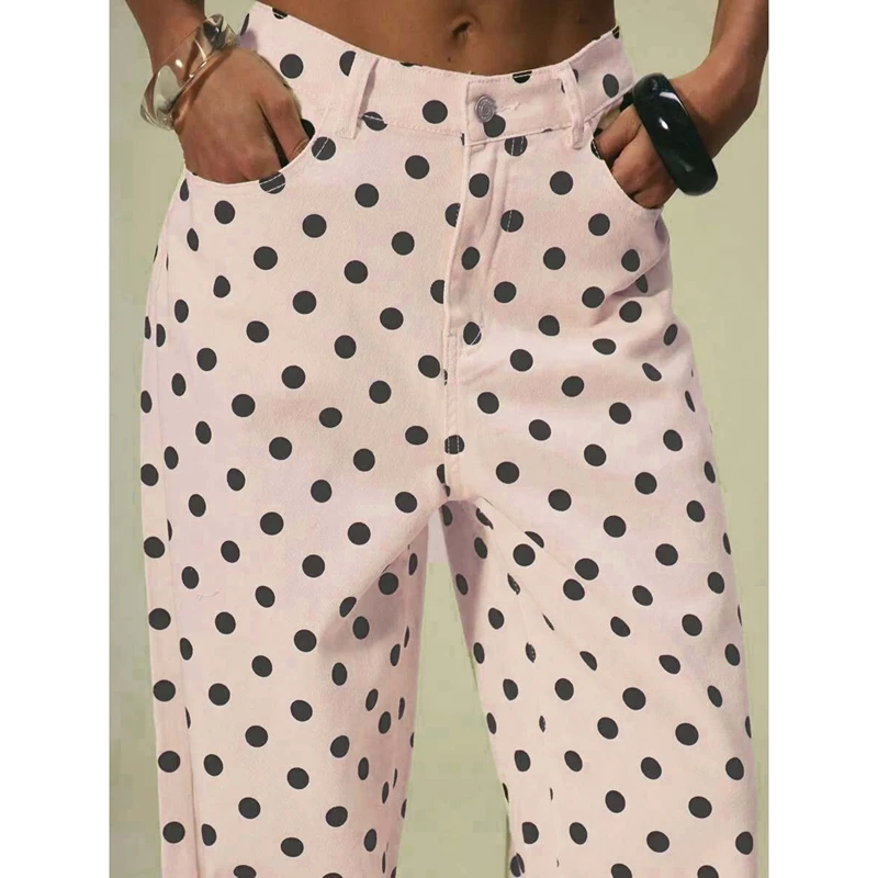 

Винтажные джинсы в горошек для женщин, с пуговицами, высокой посадкой, милые, в стиле Y2K, свободные, прямые, широкие, в стиле бойфренд, длинные, из денима, уличная мода