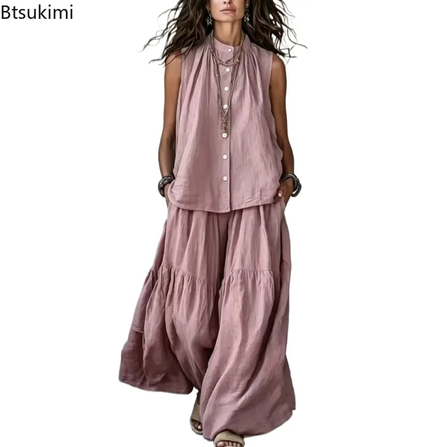 

New 2026 Women's Blouse Sets Two-Pieces Sale Summer Button Loose Sleeveless Tops and High Waist Pleated Baggy Wide Leg Pant Sets