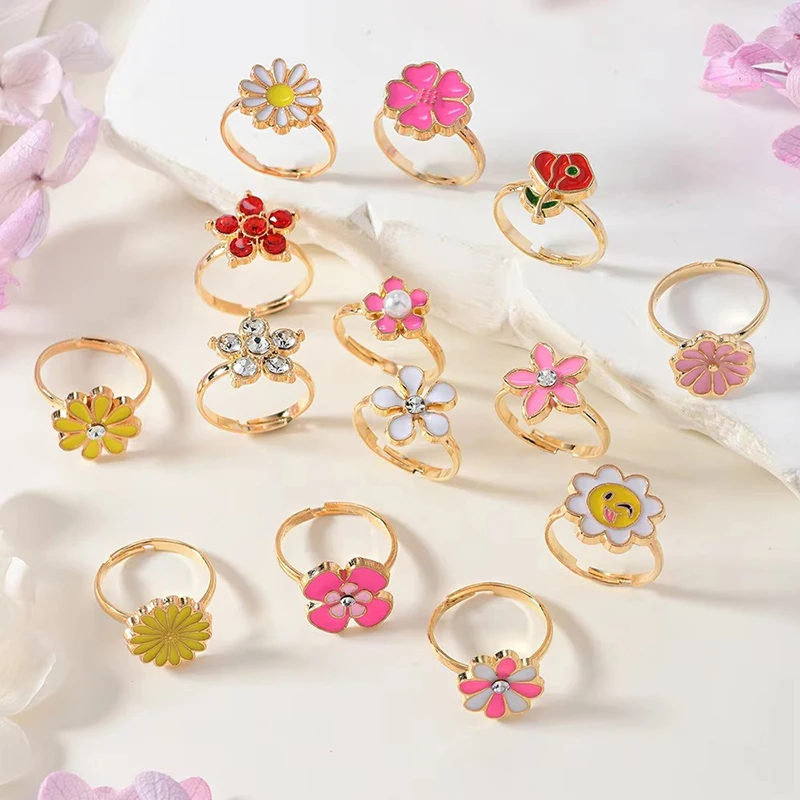 14 قطعة خواتم أطفال مع صندوق صغير قابل للتعديل لعبة التظاهر ألعاب المكياج مجوهرات كرتونية خاتم سبيكة هدية عيد ميلاد للبنات TMZ