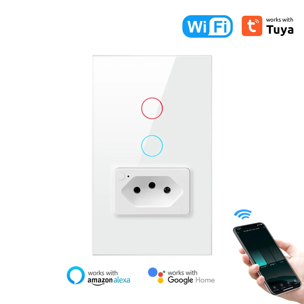 Brasil WiFi saklar dinding waktu dengan soket kaca sentuh Panel 1/2gang Outlet kehidupan pintar pengendali jarak jauh bekerja untuk Tuya Alexa Google