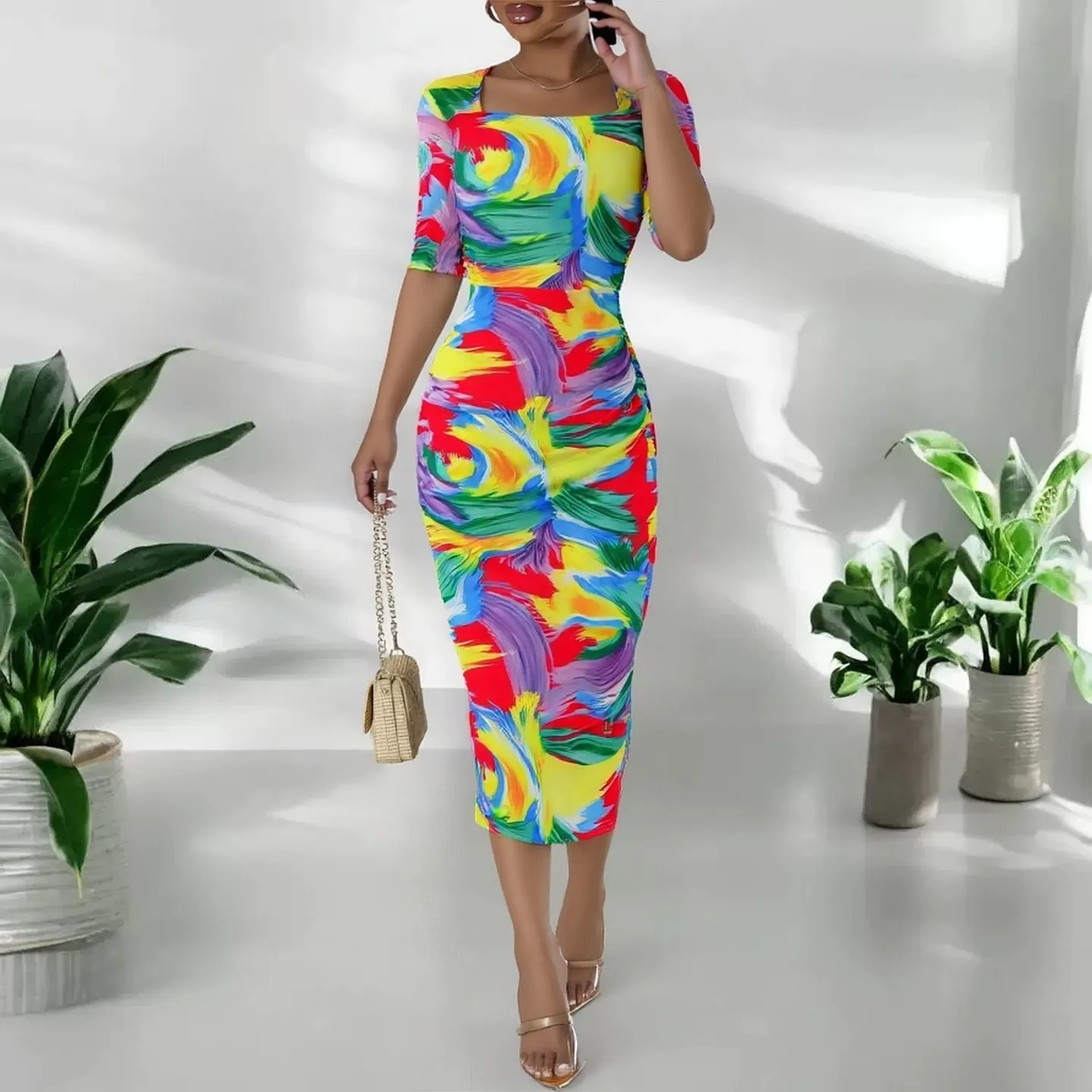 

YuooMuoo Ins Hot Women Printed Mesh Party Dress Summer Two Layers Short Sleeve Bodycon Midi Dress Streetwear Lady Outfits Robes