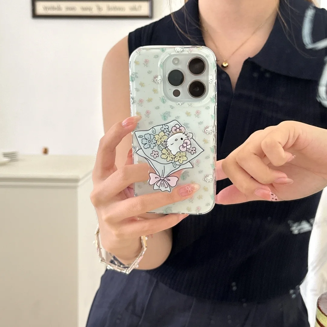 

Korean Cute Katie Cat flower stand holder Phone Case For iPhone 16 15 14 13 12 Pro Max Plus Y2K Cartoon Girl Minimalism Cover﻿