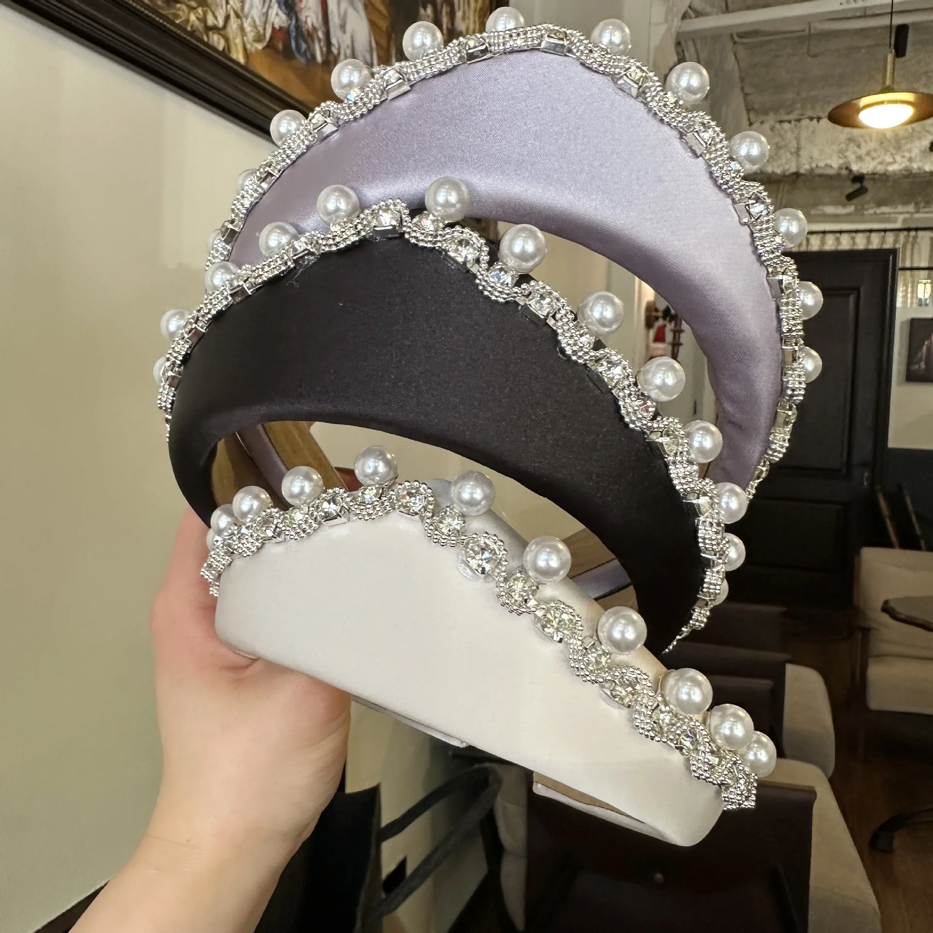 Korean Fashion French Pearl Rhinestone Crown Vintage Headband Luxury Hair Accessories for Women