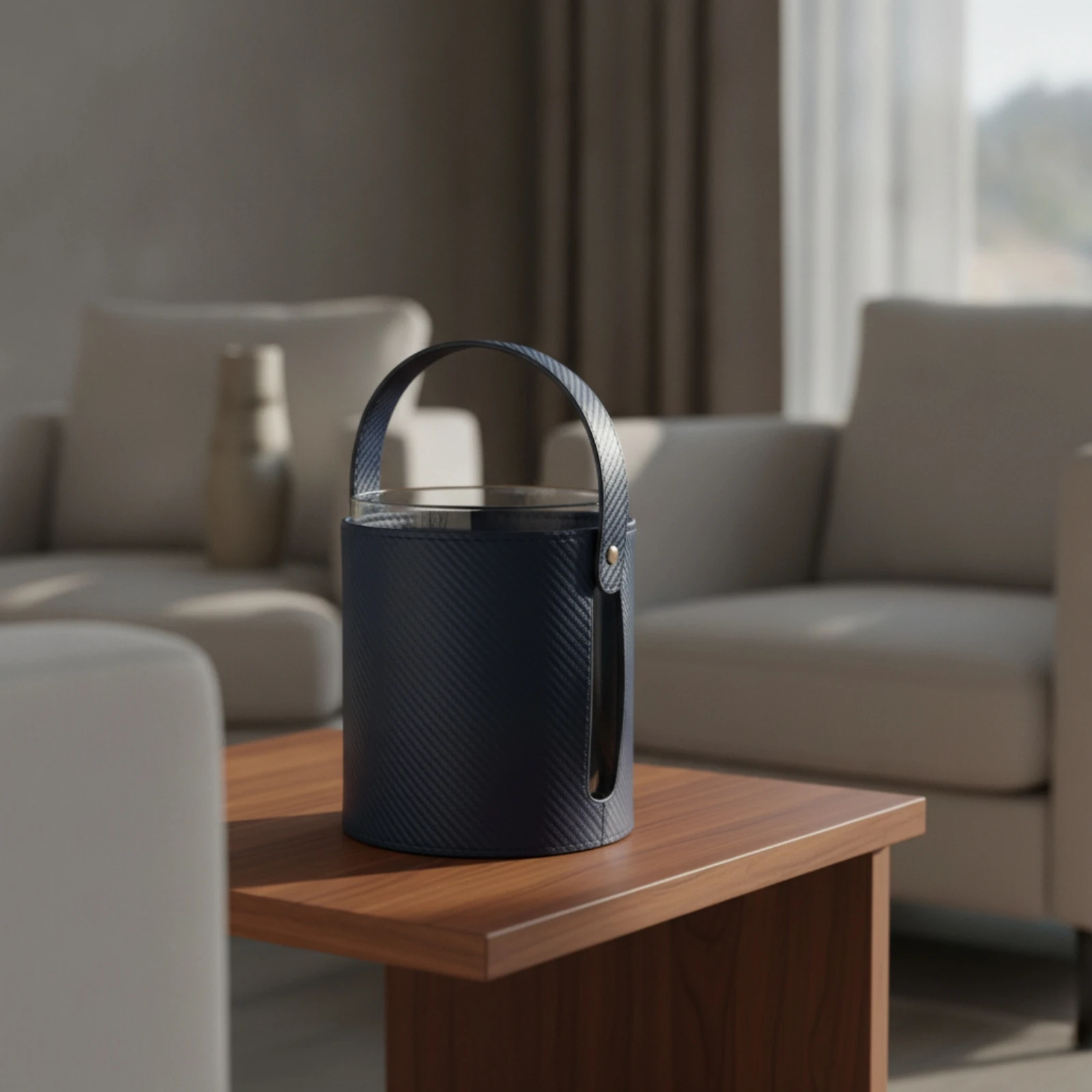 Glass Ice Container with Handle Modern Ice Container with Leather Cover Glass Wine Cooler Compact Thick for Hosts, Home Bar