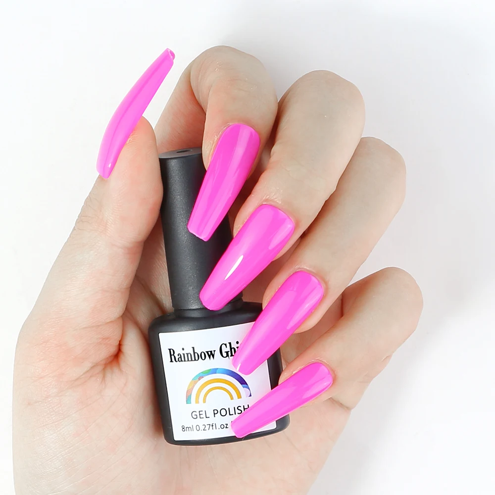 Rainbow Ghini HEMA&TPO FREE 8 ml reichhaltiger violetter Gel-Nagellack, rosa Glitzer, langlebiges, kaltes und verführerisches violettes Nagelgel