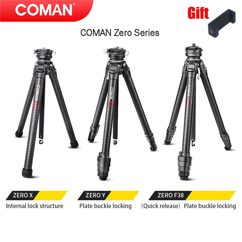 

Coman Zero X Zero Y Zero 38 Lightweight Carbon Travel Tripod with Extend 1/4 Screw 360 Adjustable With Ballhead Tripod Head