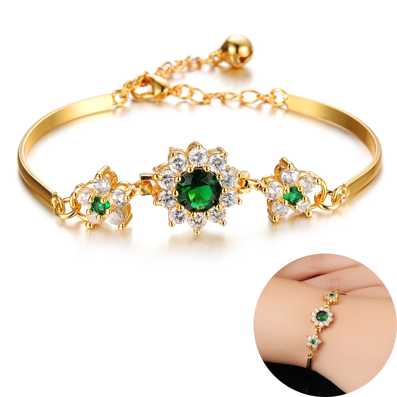 Fashion European Gold Color Green Crystal Flowers Bracelet Copper Chain For Women Party Birthday Jewelry Gift