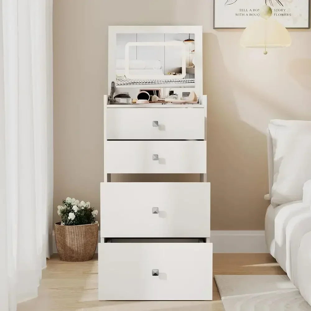Compact 3-in-1 Makeup Vanity Desk with LED Mirror and Cushioned Stool - White
