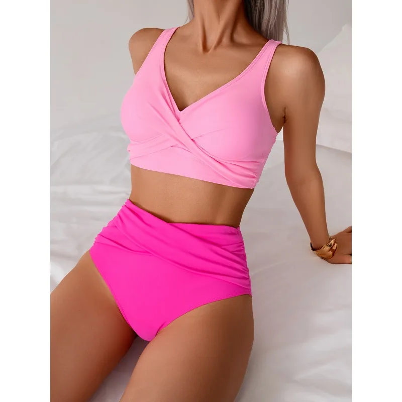 Vintage Hot Pink Patchwork Bikini Women V Neck Cross Pleate High Waist Swimsuit 2026 Holiday Bathing Suit Swimwear Large Size