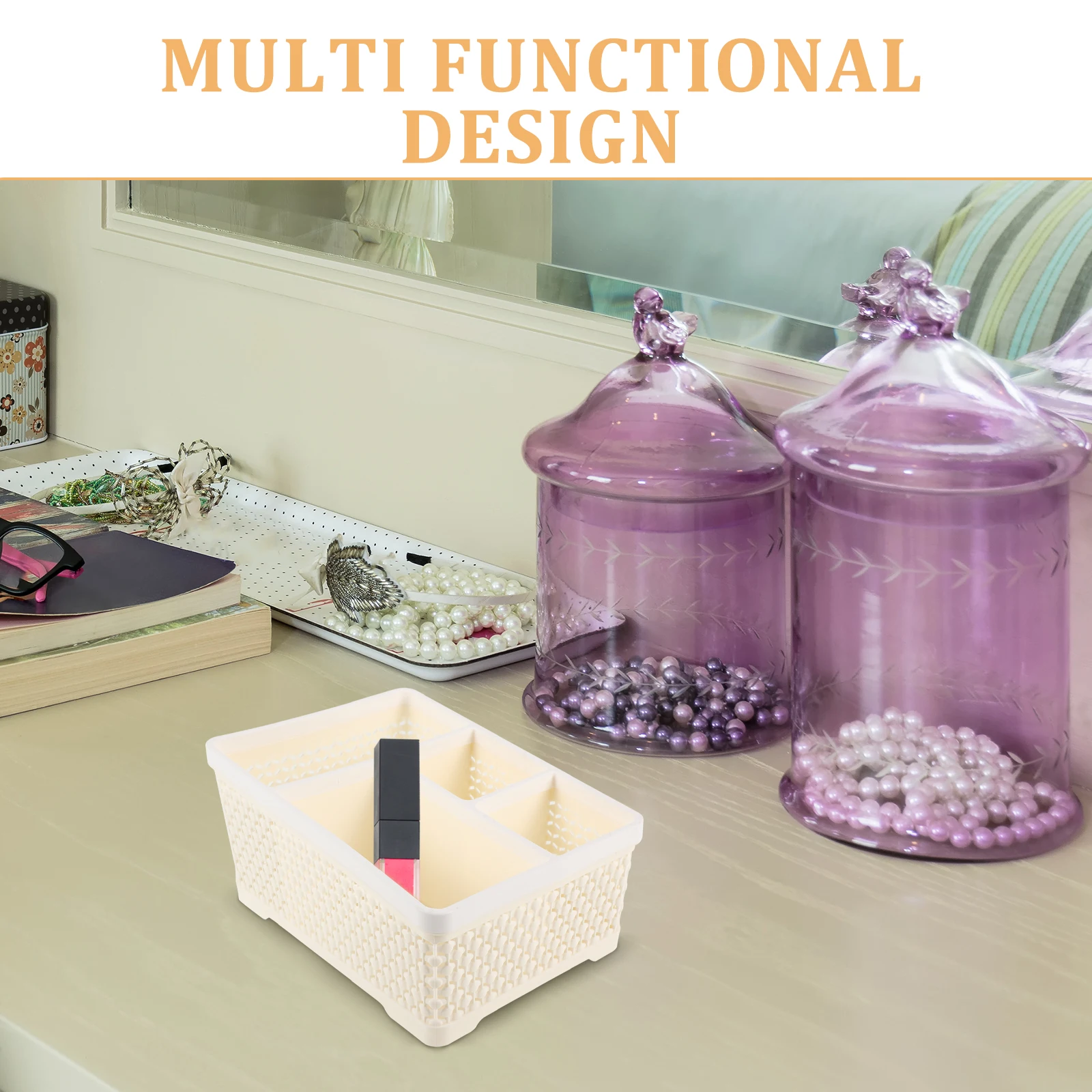 4 Compartment Skin Care Organizer Plastic Makeup Storage Box for Desk Vanity Bathroom Organizing Essentials Beige