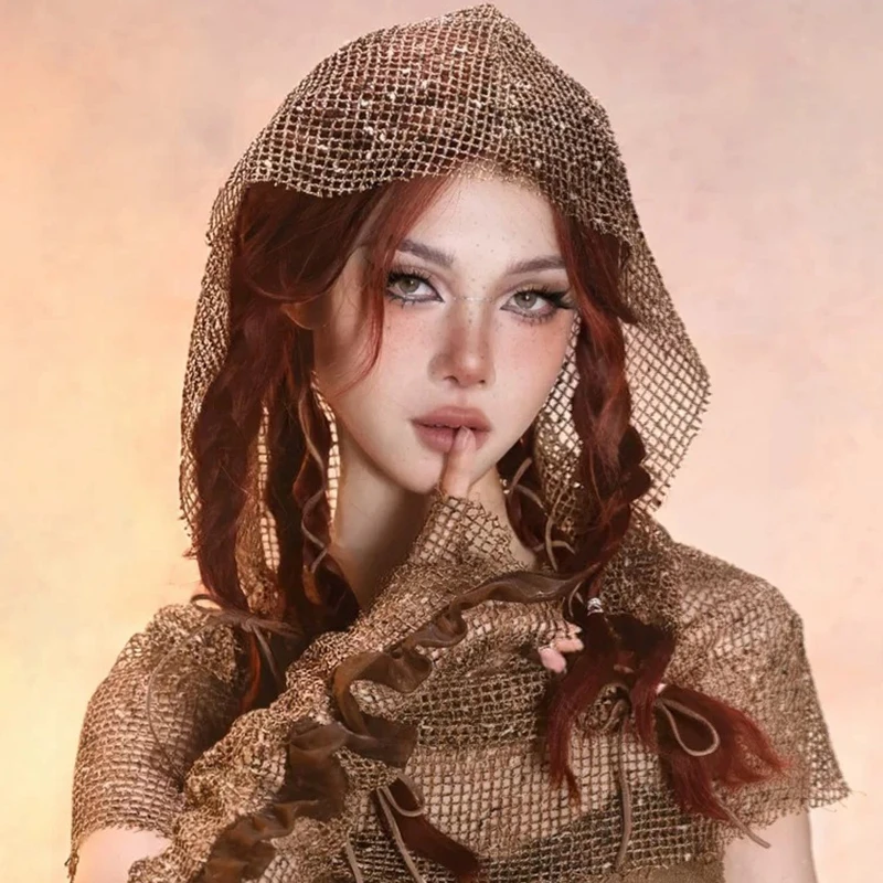 Vintage Girls Hat Sleeve Desert Waste Wind Ladies Chain Harajuku Wind Punk Hip Hop Cosplay Y2K Tide Cool Veil Hand Sleeve