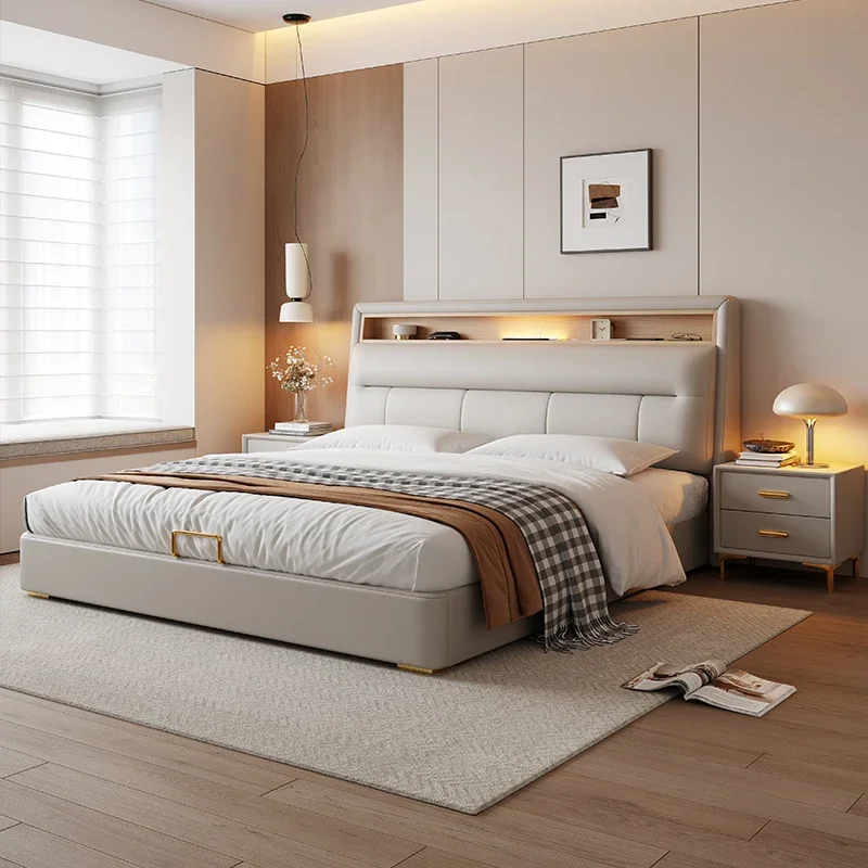 

White Northern Europe Bed Simple Corium Storage Double Bed Master Bedroom Design Testiera Letto Matrimoniale House Accessories