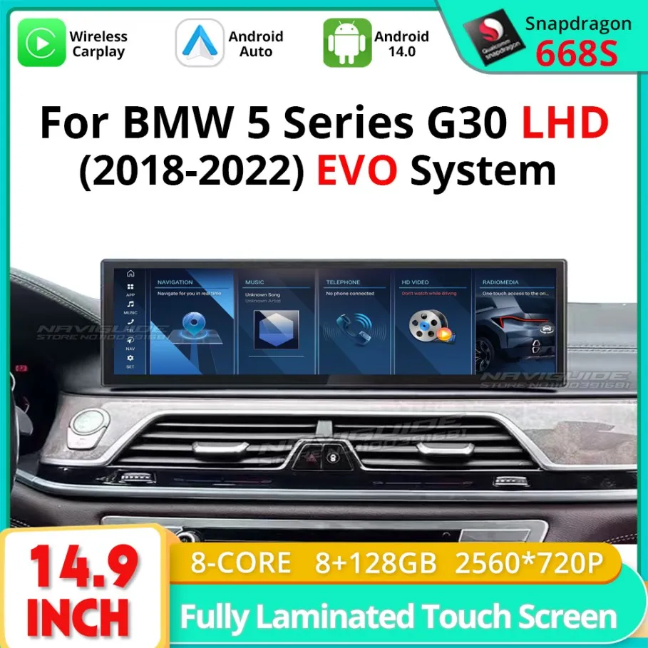 NAVIGUIDE 14,9 дюйма Android14 Carplay Автомультимедийный видеоплеер для BMW 5 серии G30 LHD 2018-2022 Система EVO Автомобильный GPS Navi GPS
