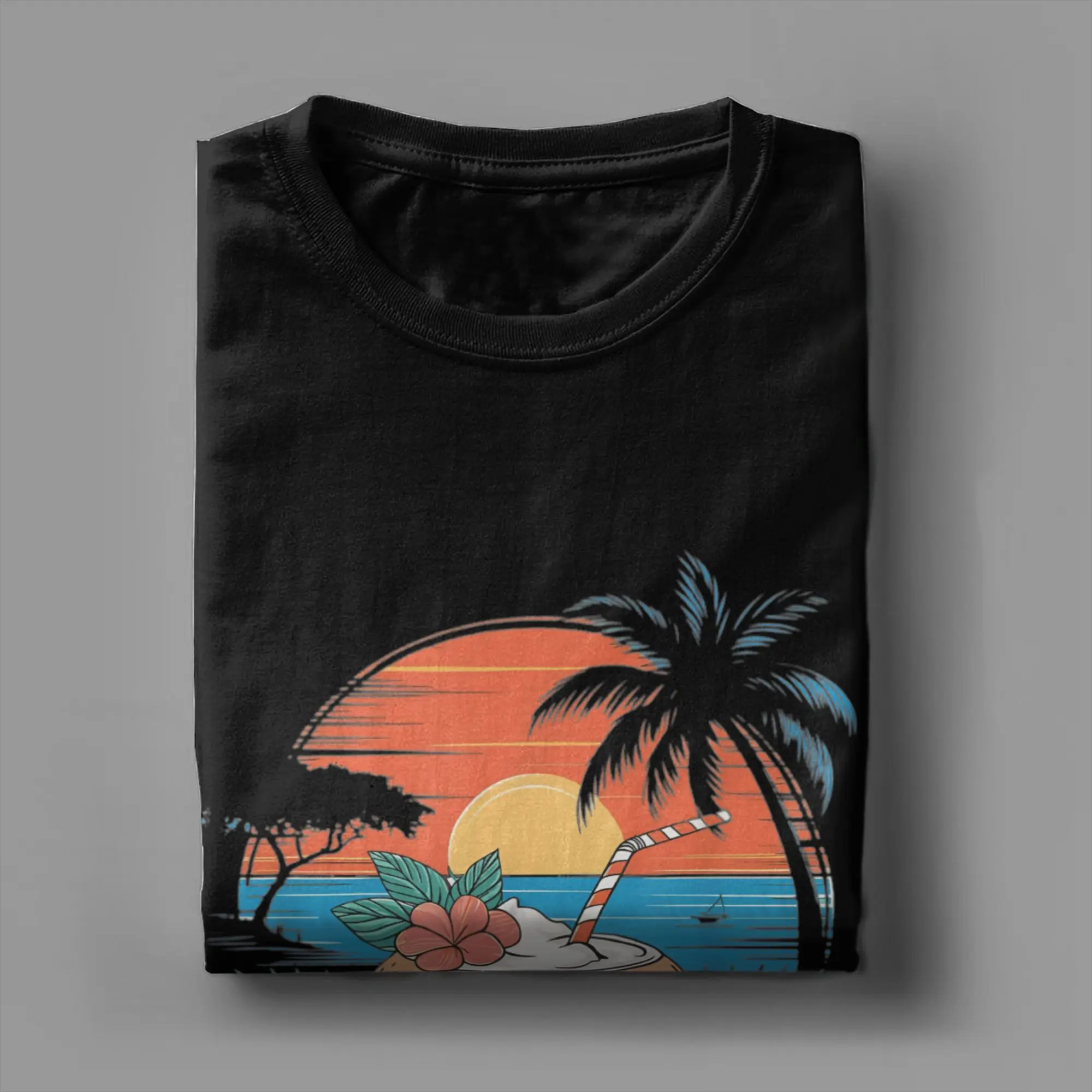 Camiseta de Verano de Algodón de Manga Corta con Diseño Vintage de Atardecer en Tanzania, Zanzíbar, África, Playa de Palmeras y Coco