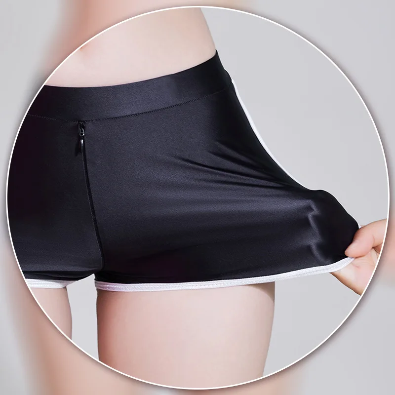 Shiny Glossy Women Boxer Zipper Open Crotch Shorts Push Up Butt High Waisted Control Tummy Sexy Casual Shorts Lift Hip Shapewear