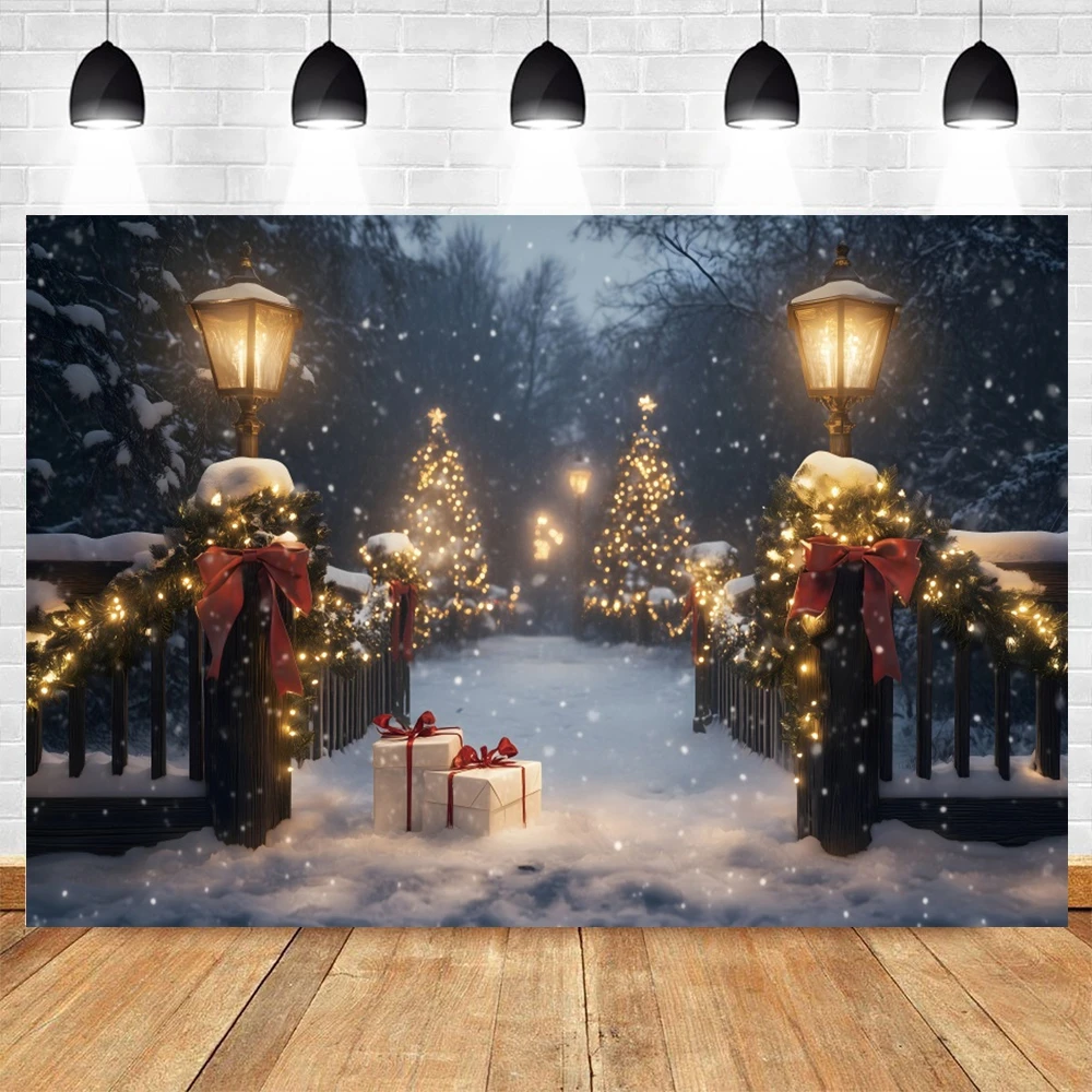 Christmas Backdrop for Photography Winter Snowy Street Xmas Tree Pine Fence Shining Lights Kids Portrait Background Photo Studio