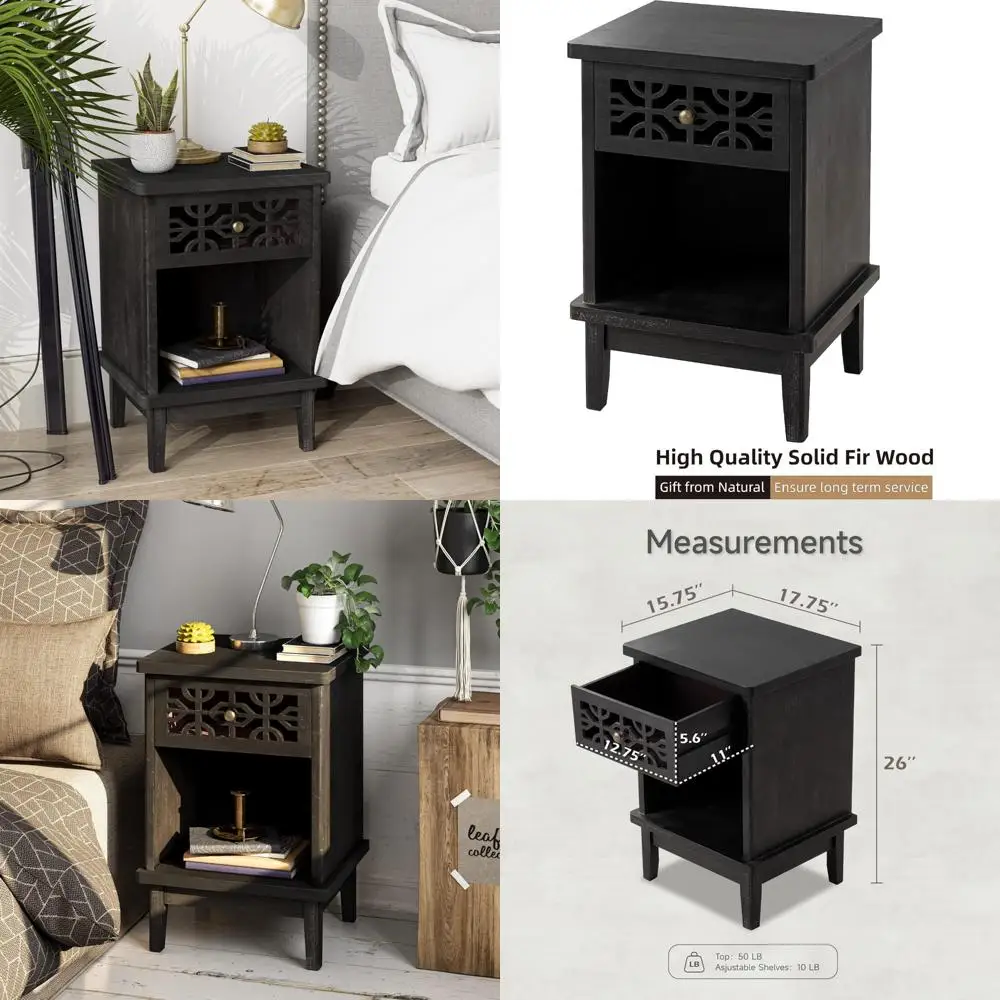 handcrafted fir wood nightstand with carved front and open shelf for rustic, boho, french country, and farmhouse styles