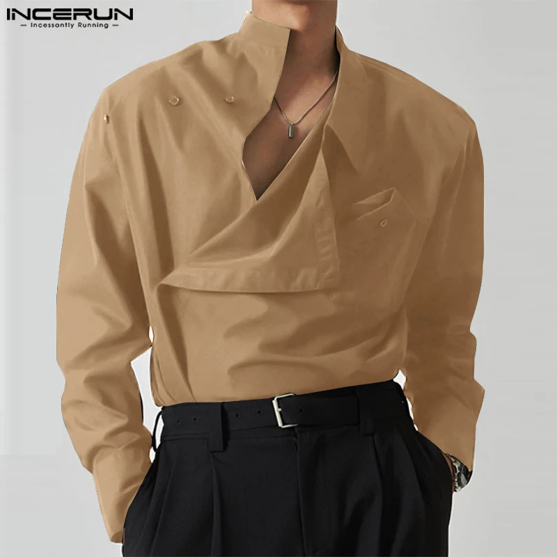 Incerun Tops 2023 koreanischen Stil neue Herren Diagonale Knopfleiste solide einfache All-Match-Bluse Mode lässig Langarm hemden S-5XL