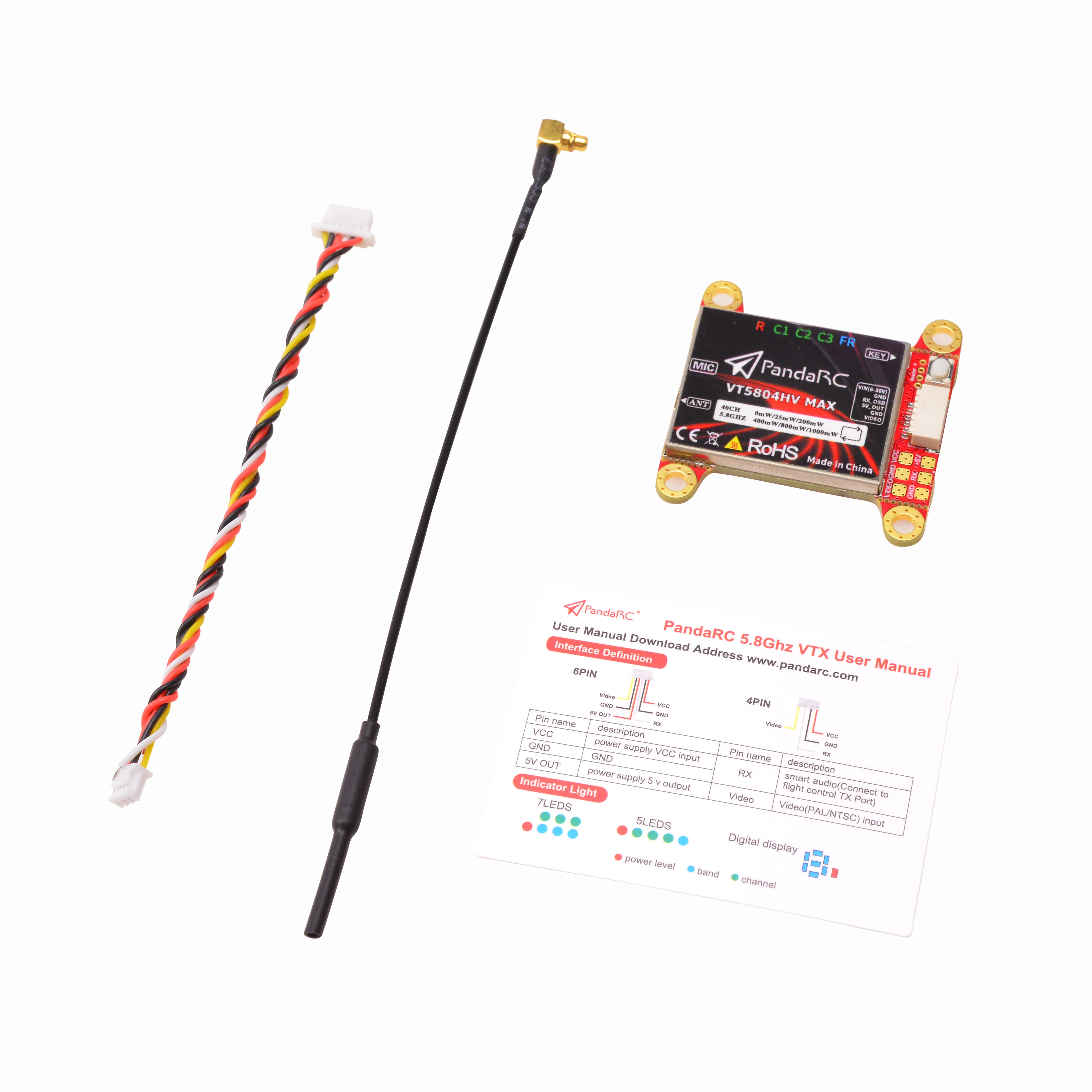 PandaRC 5.8GHz 1W FPV VTX 5.8GHZ 40CH 1000mW Adjustable Video Transmitter 6-36V MMCX 30.5x30.5mm Mount 8g Lightweight For Drones