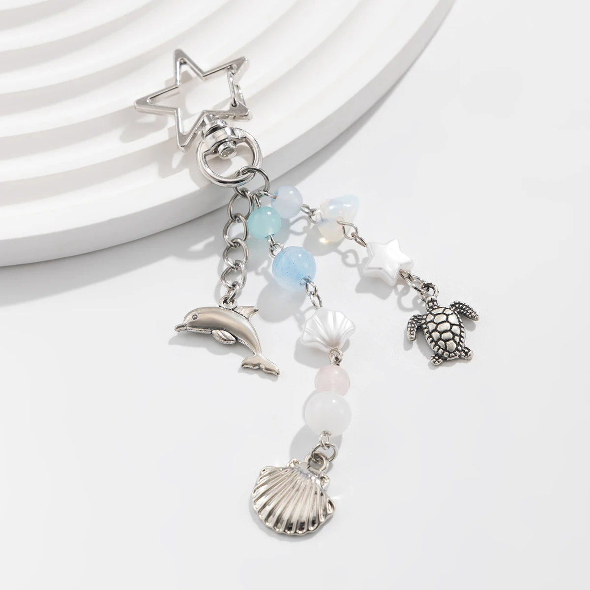 

IngeSight.Z Trendy Silver Color Dolphins Turtles Pendant Keychain for Women Romantic Imitation Pearl Scallop Star Key Ring
