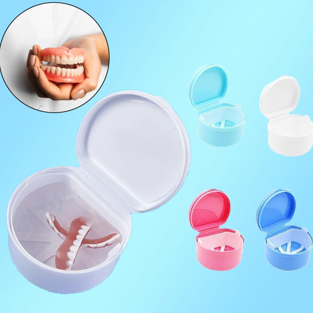 1pcs Denture Bath Box Cleaning Teeth Case Dental False Teeth Storage Box with Hanging Net Container Blue/Purple/Blue/Pink/White