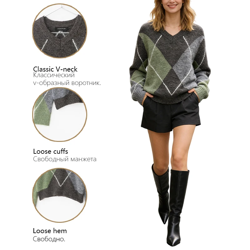 Женский трехцветный вязаный свитер с ромбовидным узором, белый полосатый свитер с круглым вырезом и длинными рукавами, повседневная универсальная модная верхняя женская одежда