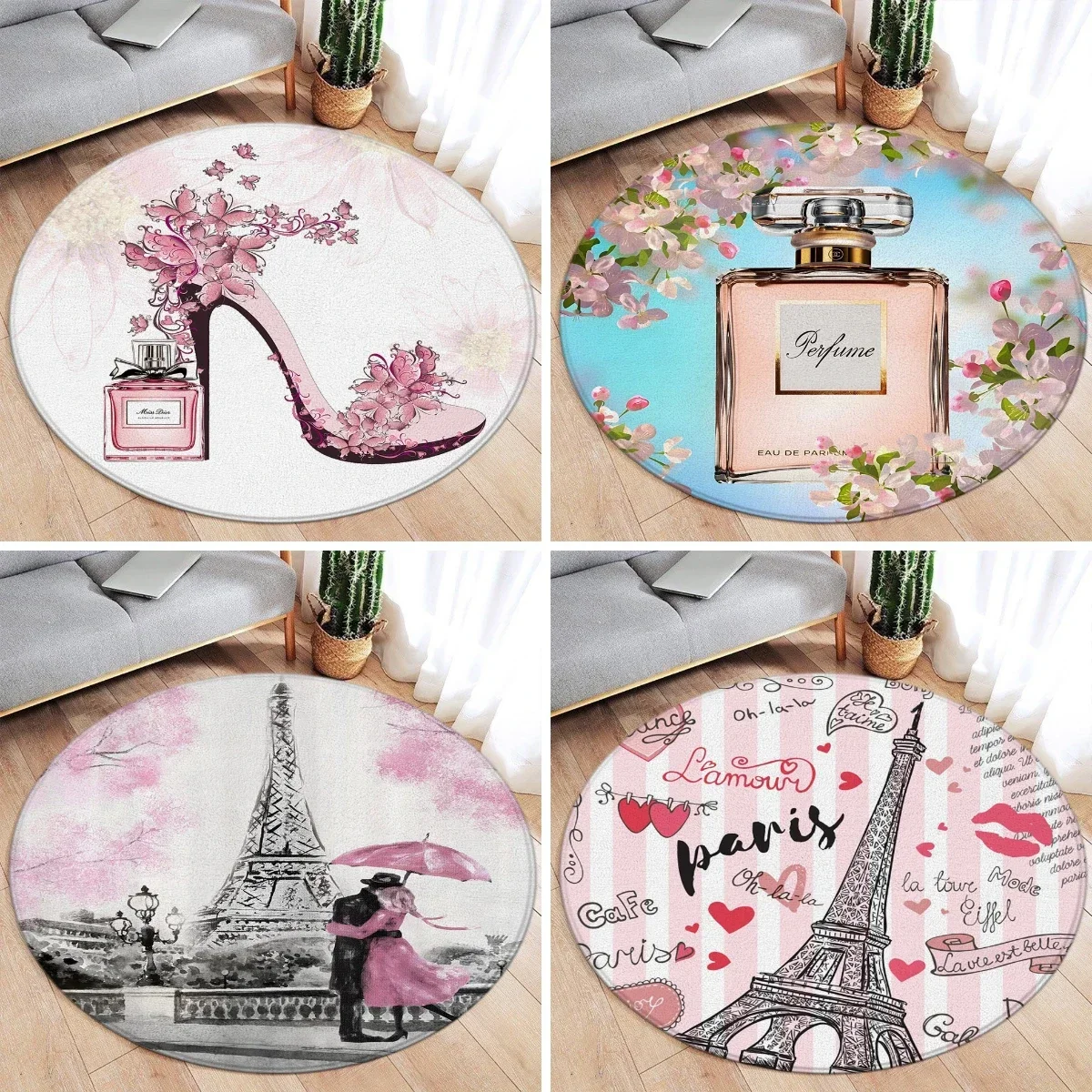 ~O~Vintage Paris-Inspired Perfume Bottle & Floral Round Rug – Washable Decorative Floor Mat for Living Room & Bedroom