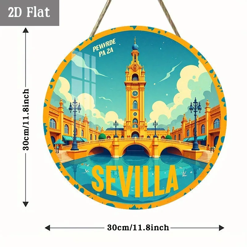 2D Flat - 1pc Seville Travel-Themed Wooden Panel Artwork, Featuring a Lively City Skyline. This Round Wooden Decoration Captures