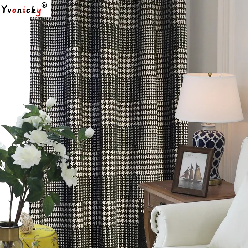 High-end Black and White Houndstooth Curtains, Nordic Chenille Jacquard Velvet Blackout Window Drapes for Living Room Bedroom