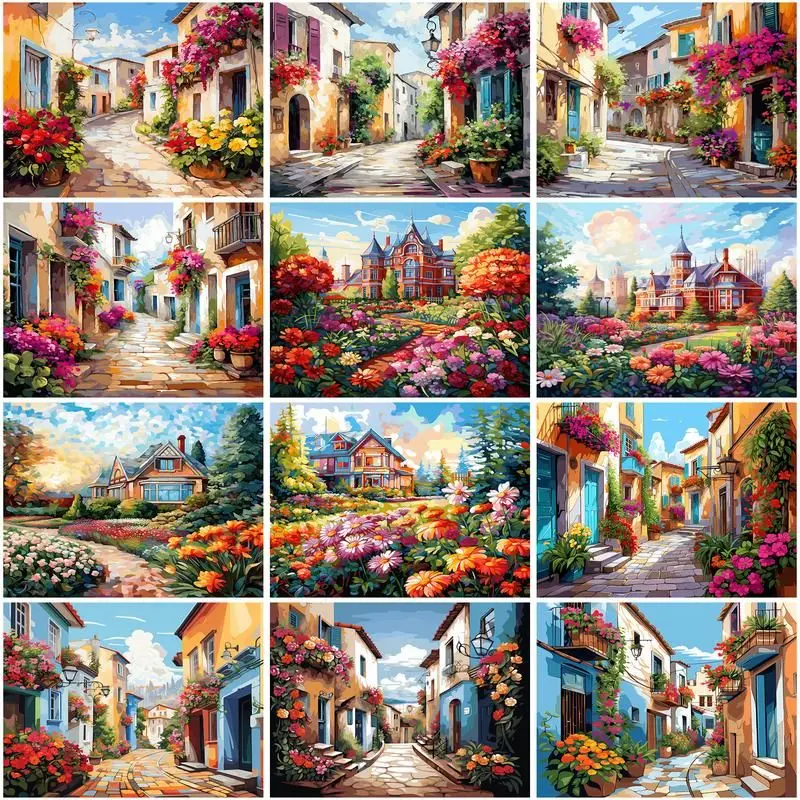 

CHENISTORY Pictures By Number Flower Town Landscape Kits Painting By Number House Drawing On Canvas HandPainted Art Gift DIY