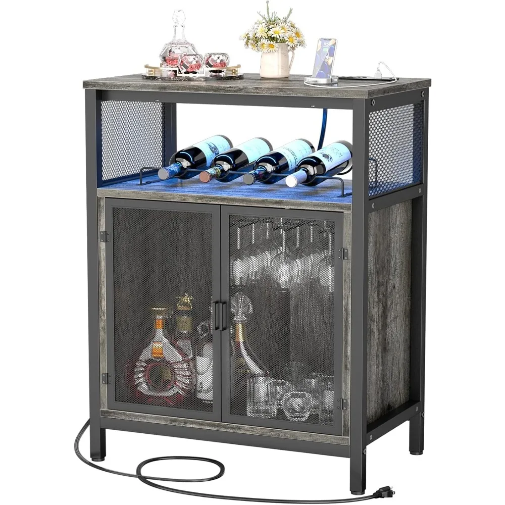

Wine Bar Cabinet with RGB Light and Outlet, FreeStanding Wine Rack Table, Liquor Cabinet with Glass Holder, Floor Bar Cabinet f