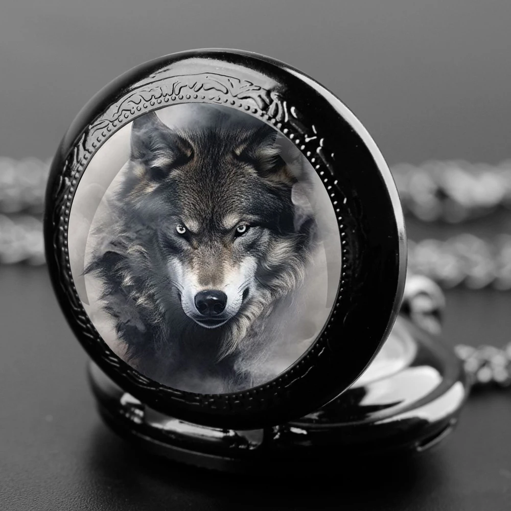 Reloj de bolsillo de cuarzo con diseño de lobo para hombre y mujer, colgante de collar de cúpula de cristal, regalos delicados